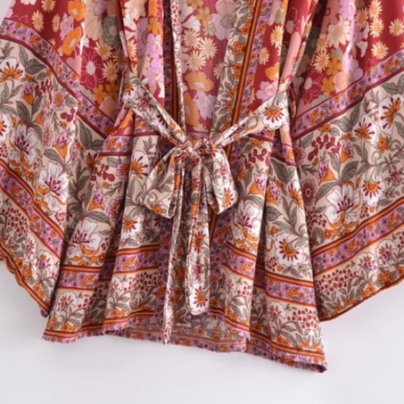 Wine Floral Bohemian Short Floral Kimono Wrap Top - Picture 5 of 12